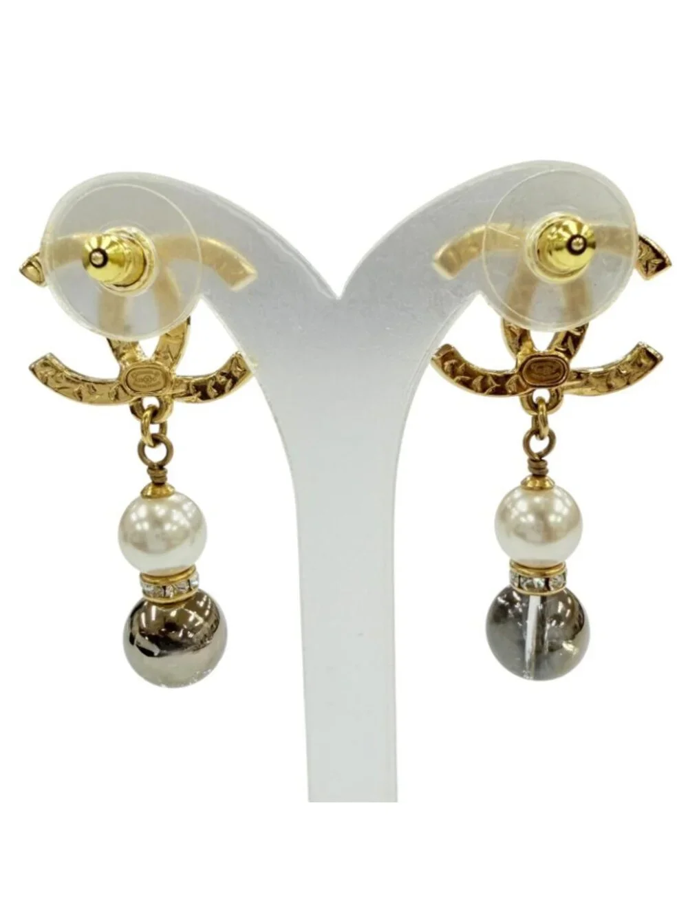 Chanel CC Logo Rhinestone Pearl Stone Swing Earrings Gold